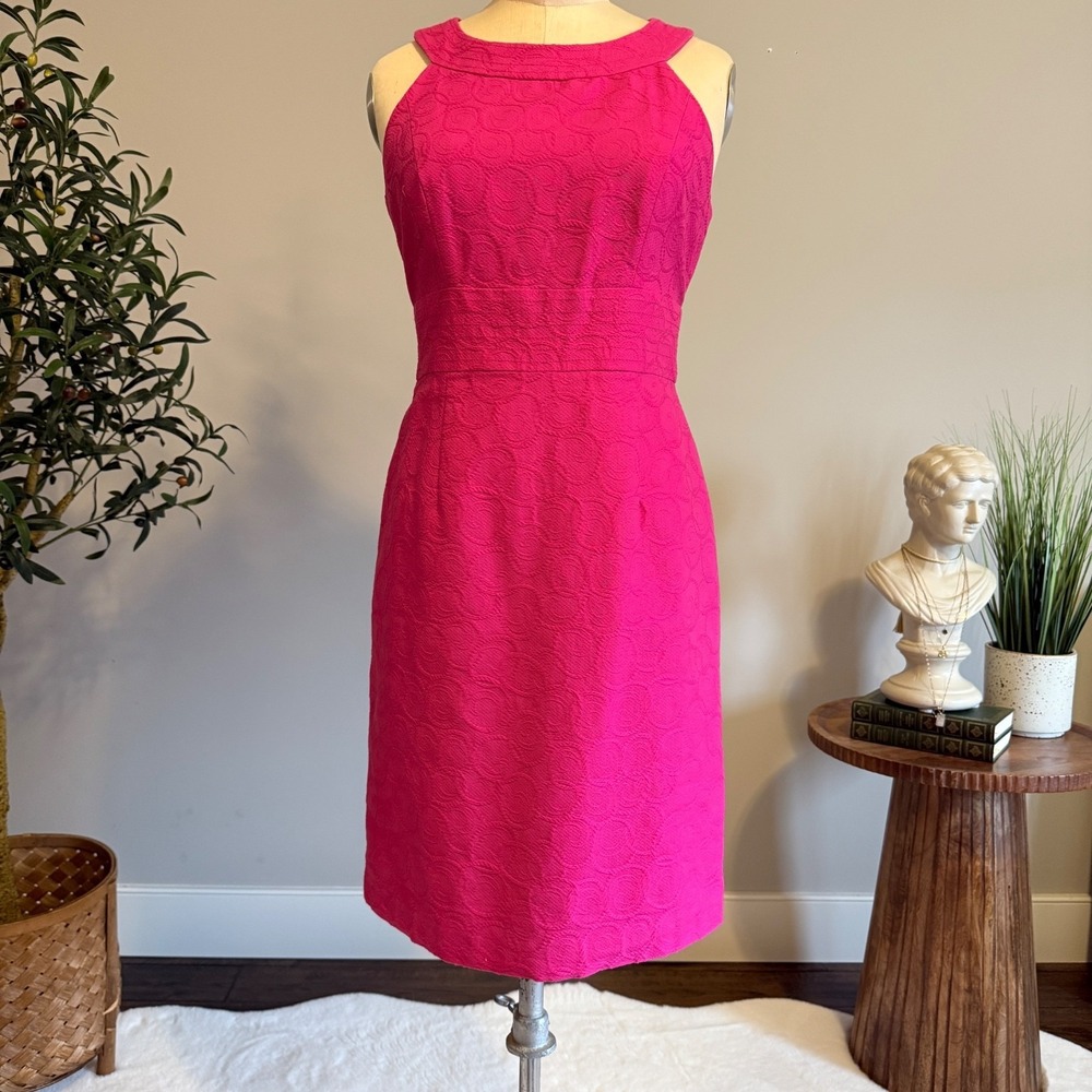 Pink Jacquard Sheath Dress Sleeveless‎ Knee Length Lined Textured Preppy 8